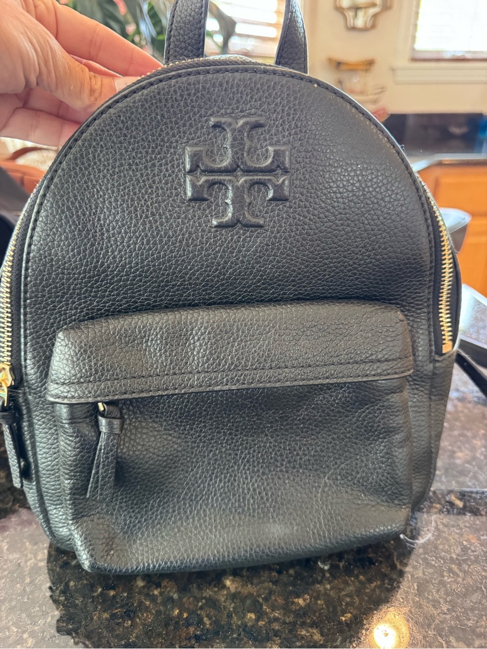Tory Burch Black Pebbled Leather Mini Backpack with Gold Zippers